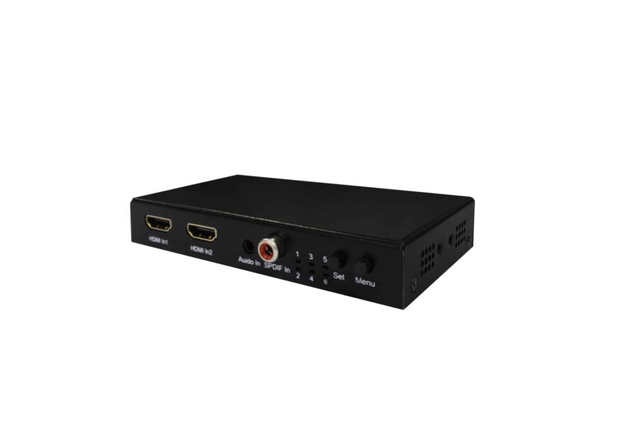 Przełącznik 2x1 /rozdzielacz 1x2 w jednej obudowie, UHD 4K z HDCP1.4 i 2.2 i HDR10, 3D, Dolby vision, DTS, zarządzanie EDID, embedowanie i ekstrakcja audio z i do portów RCA oaz analogowego stereo 3.5mm 