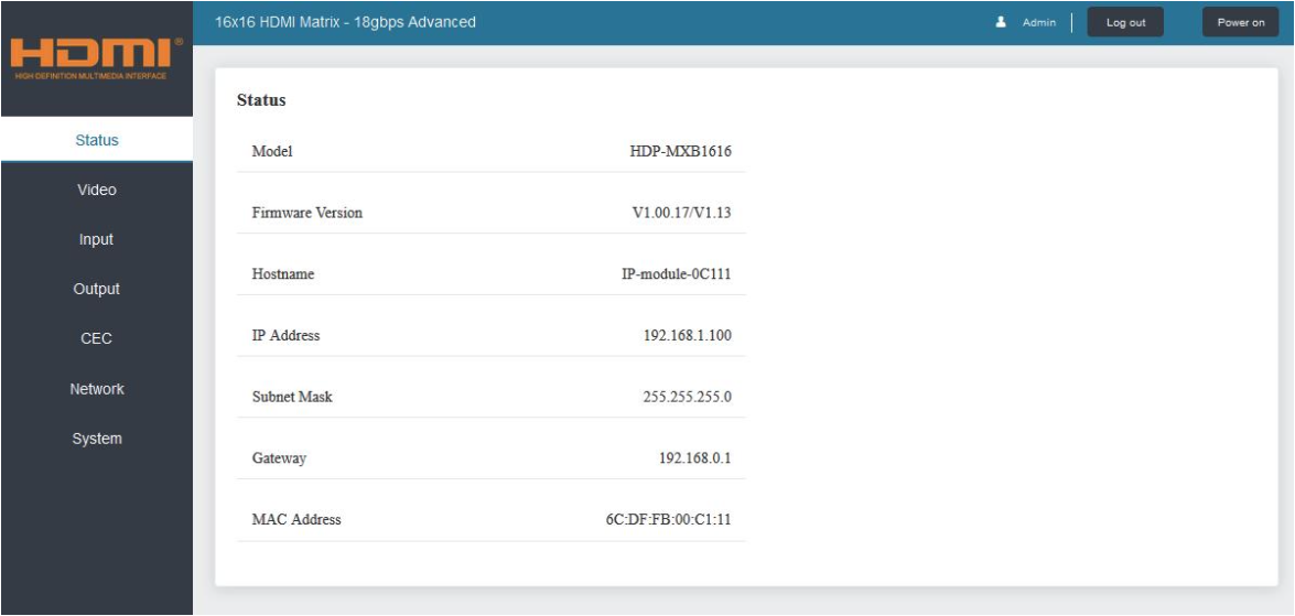 HDP-MXB1616 - webGUI - Status