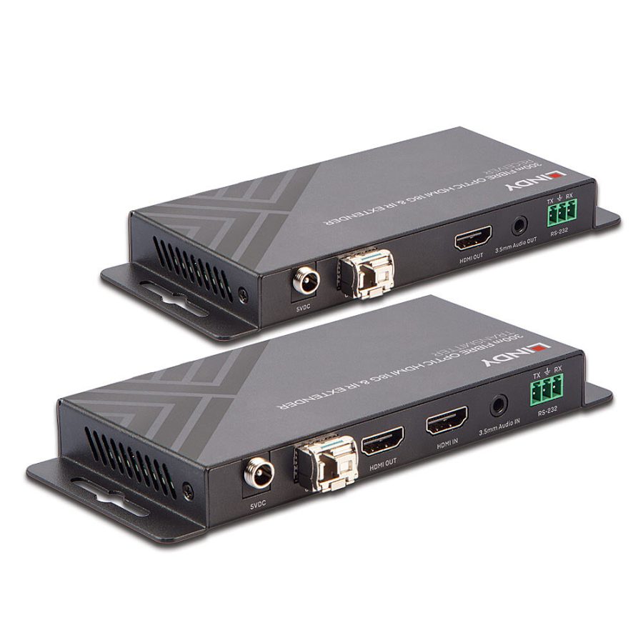 LINDY 38174 – Przedłużacz HDMI 4K60 przez światłowód, 300m/1000m z IR, RS-232 i wyjściem audio